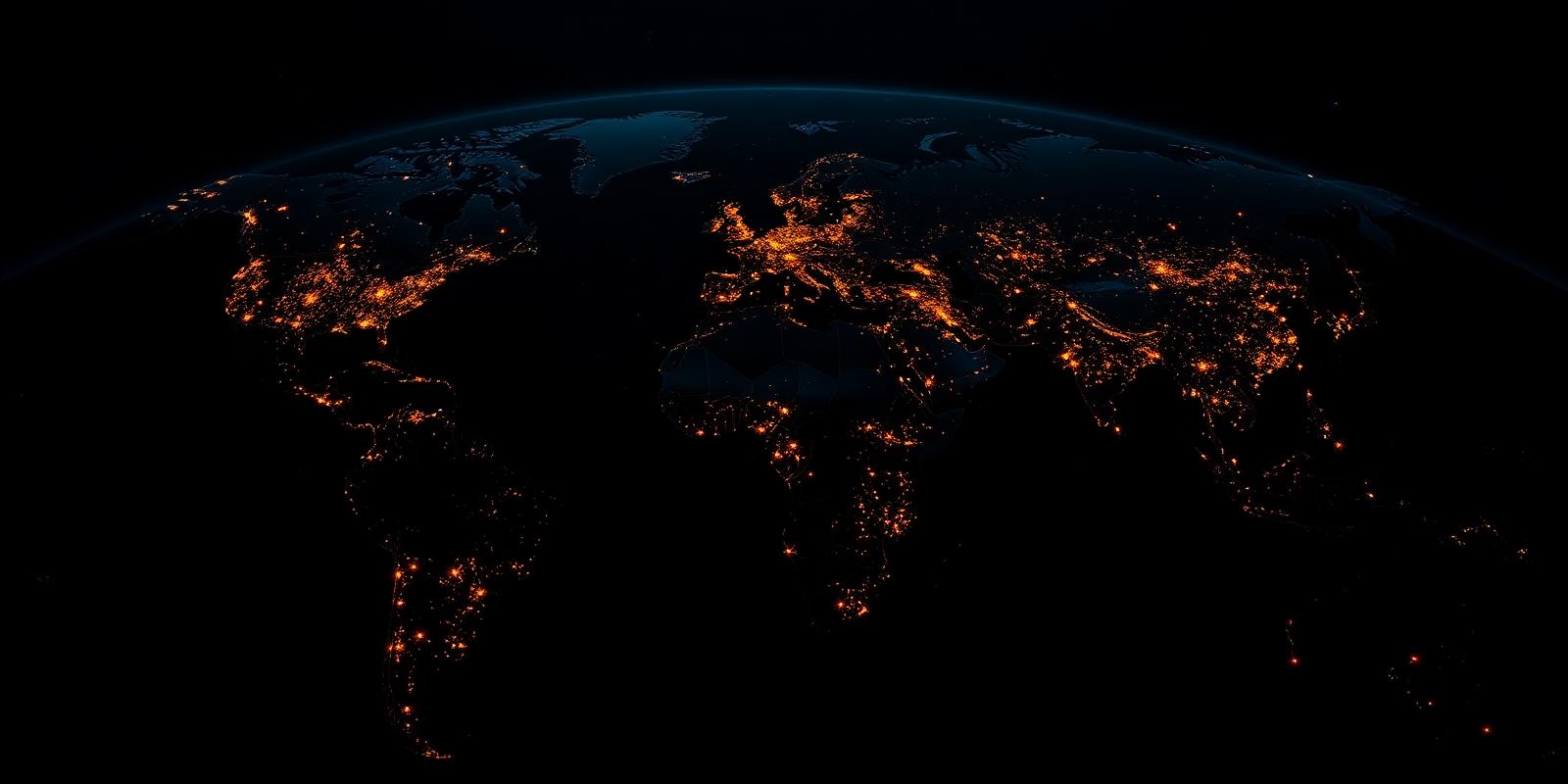 Night map of the world with cities glowing amber