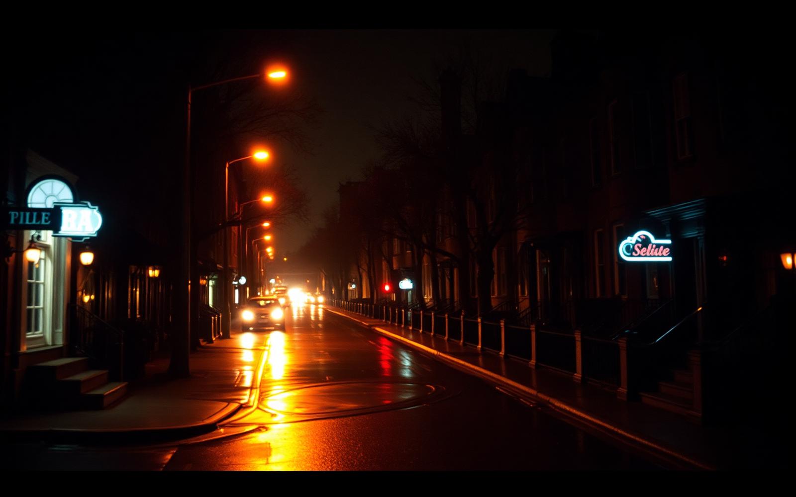 A rainy city street at night, warm lamplight on the pavement