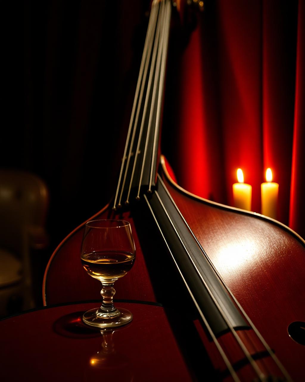 Double bass beside a candlelit table