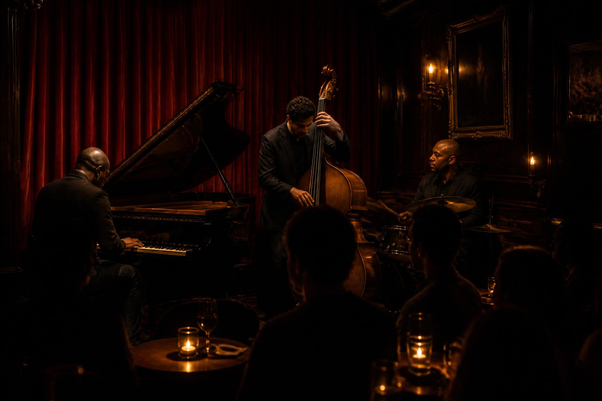A live trio playing to candlelit tables in an intimate jazz lounge