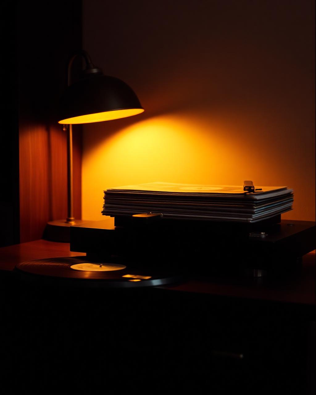 Turntable and records in warm lamplight