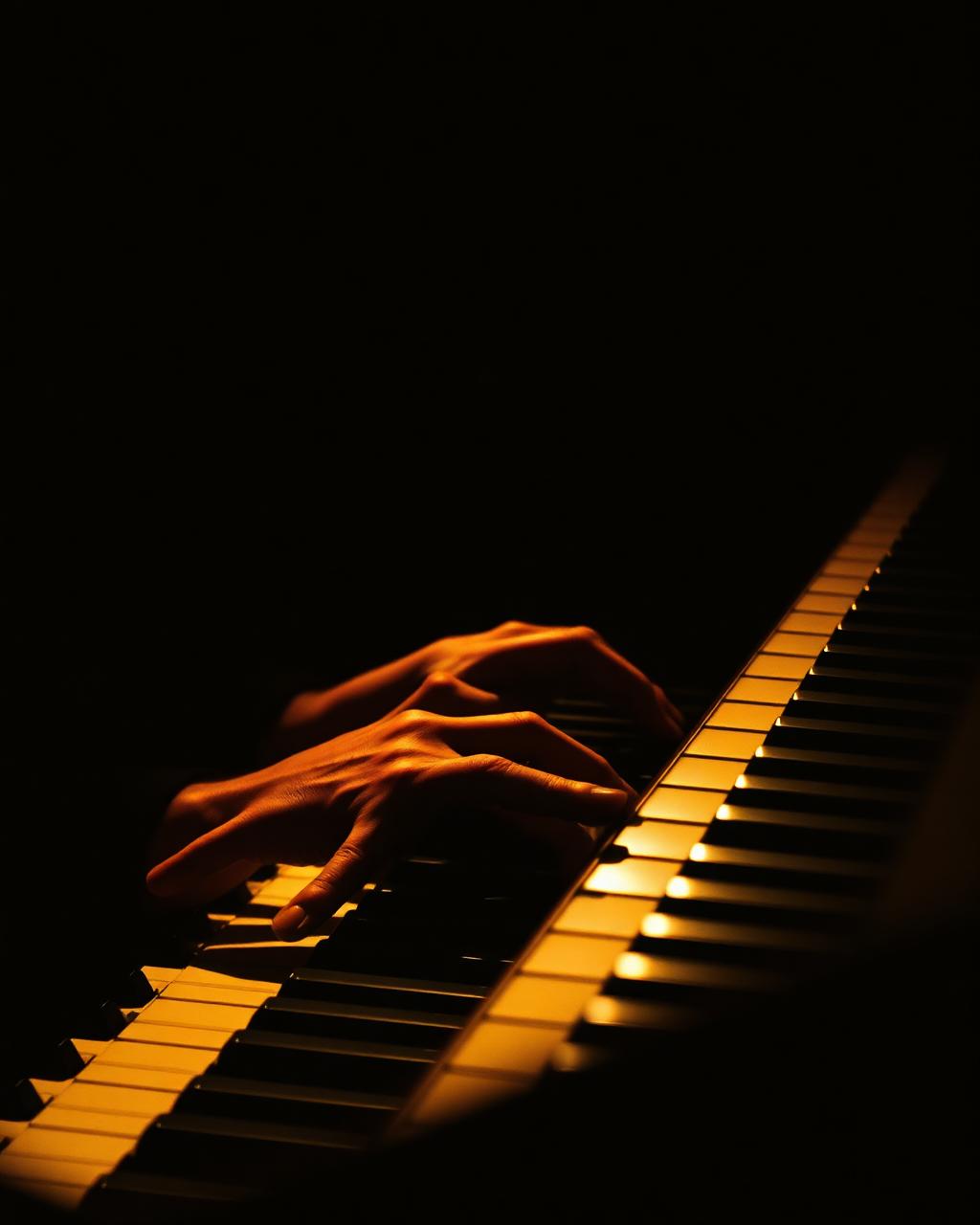 Hands on piano keys in low light