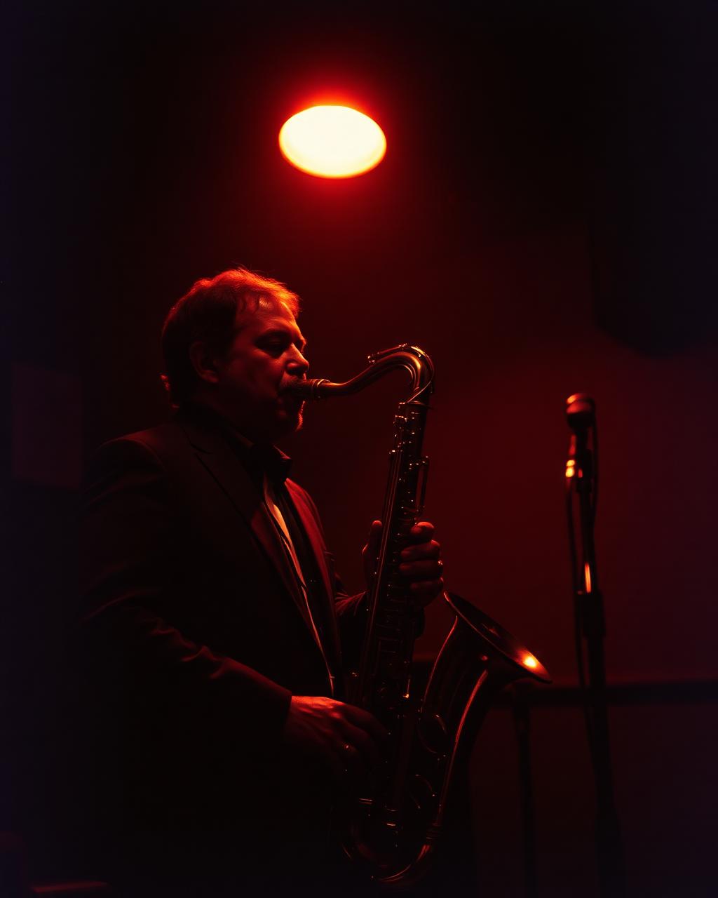 Musician under an amber spotlight in a dim club